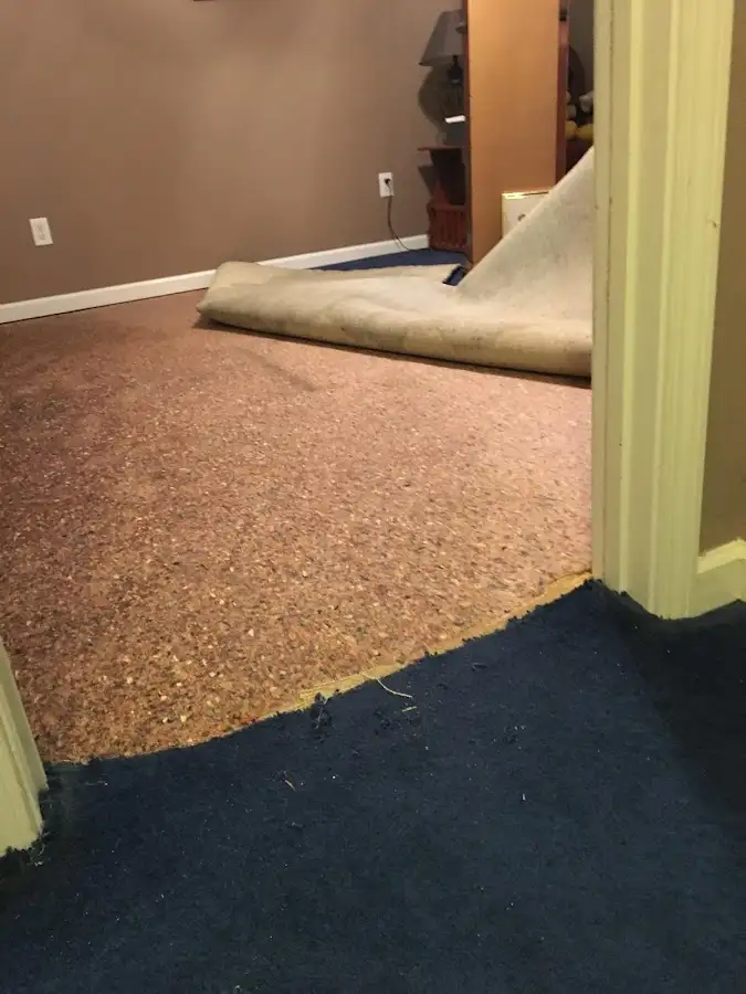 Carpet pad removal revealing water damage during Drying & Dehumidification in Lititz